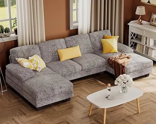 Linen U-Shaped Sectional Sofa Set With Double Chaise For Living Room