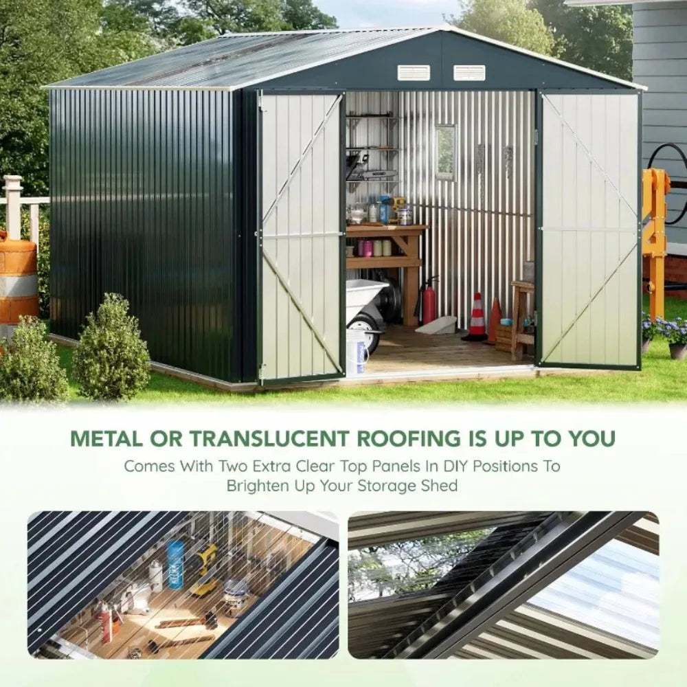 10X12X7.5 FT Outdoor Steel Storage Shed with Lockable Doors, 2 Windows, Transparent Roof Panels (Wood Panels & Frame Floor Not I
