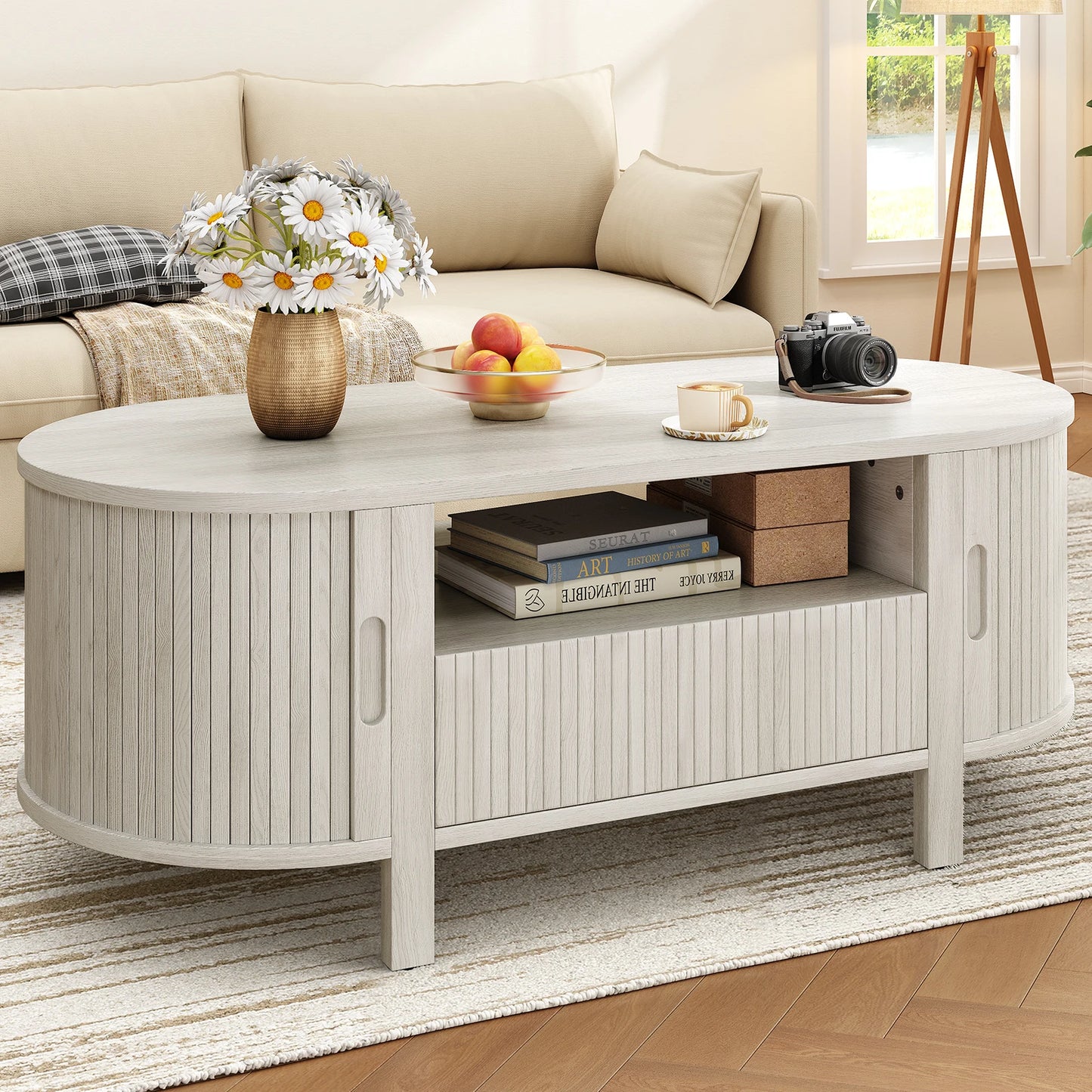 Oval Coffee Table With Cabinets And Sliding Doors Mid Century