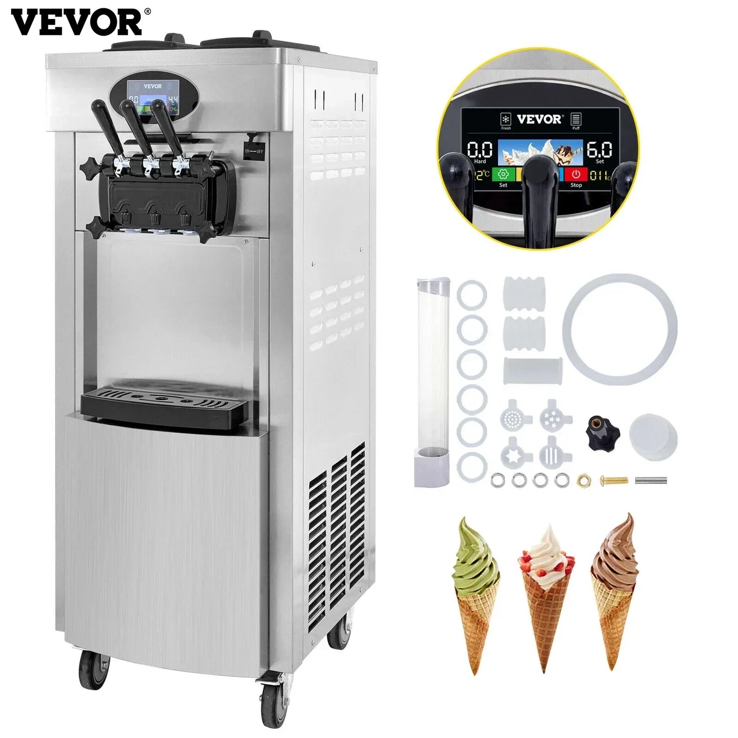 VEVOR 2200W Commercial Soft Ice Cream Machine 3 Flavors