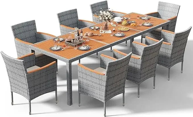 Acacia Wood Top Patio Conversation Set With Rattan Table And Chairs