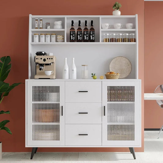 Kitchen Hutch Storage Cabinet, Modern Kitchen Pantry with Glass Doors and 3 Drawers, Freestanding Cupboard Sideboard Buffet Cab