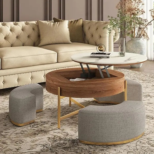 32 "coffee table set, round marble coffee table with storage and nested footstool, modern functional living room furniture set