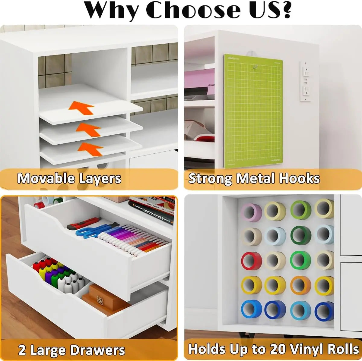 Craft Organization& Storage Cart Compatible with Cricut Machines, Rolling Craft Table Organizer with Charge Station Vinyl Roll