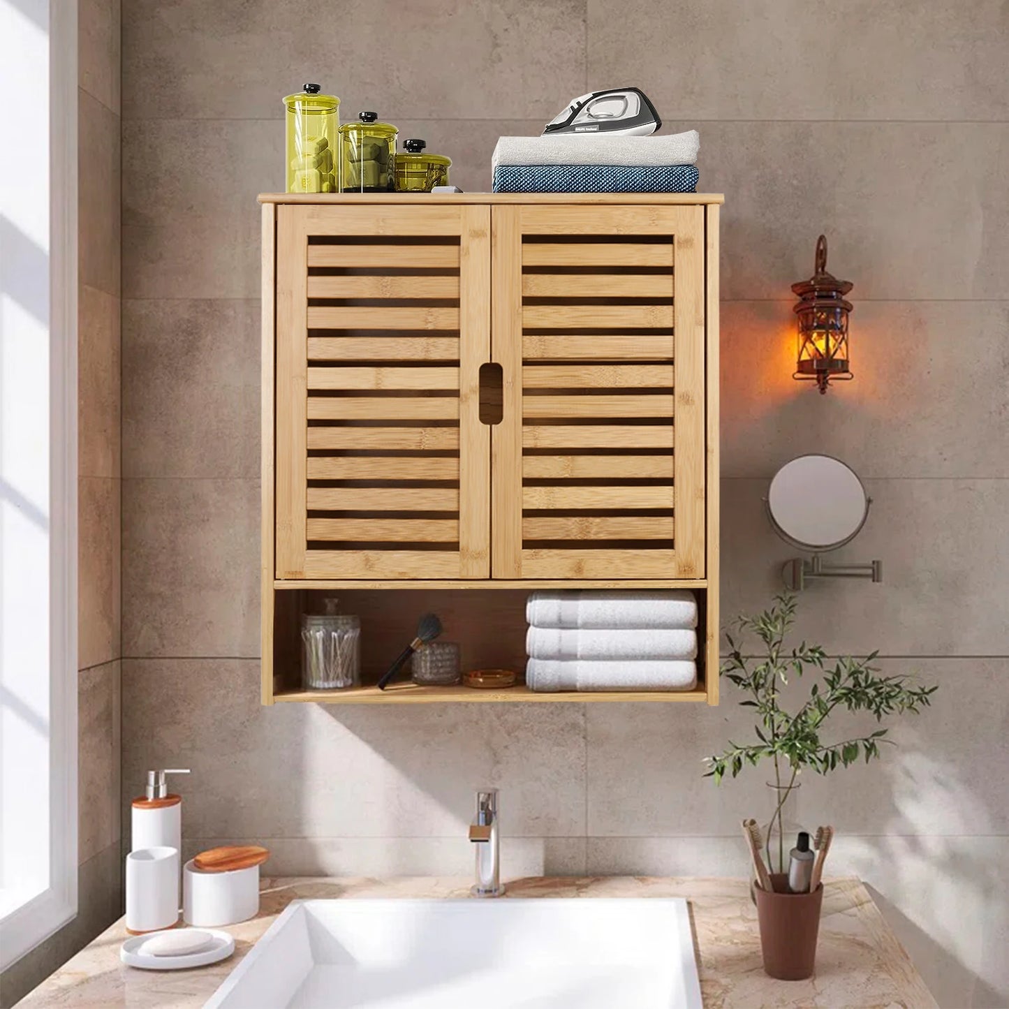 Wisfor Wall Mounted Bamboo Bathroom Cabinet Storage Shelf