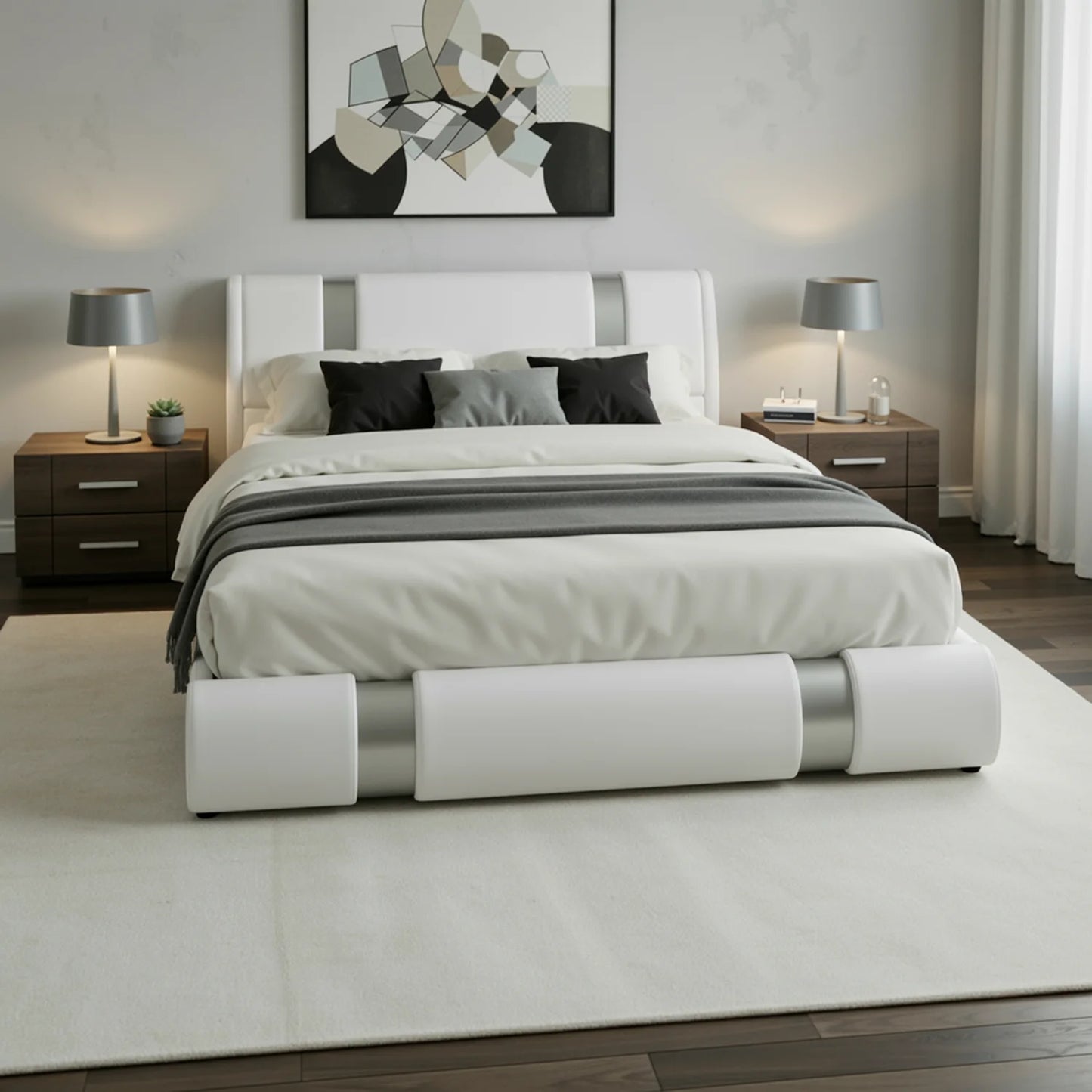 HOOMIC Modern Platform Bed Frame Faux Leather Upholstered Metal Accents