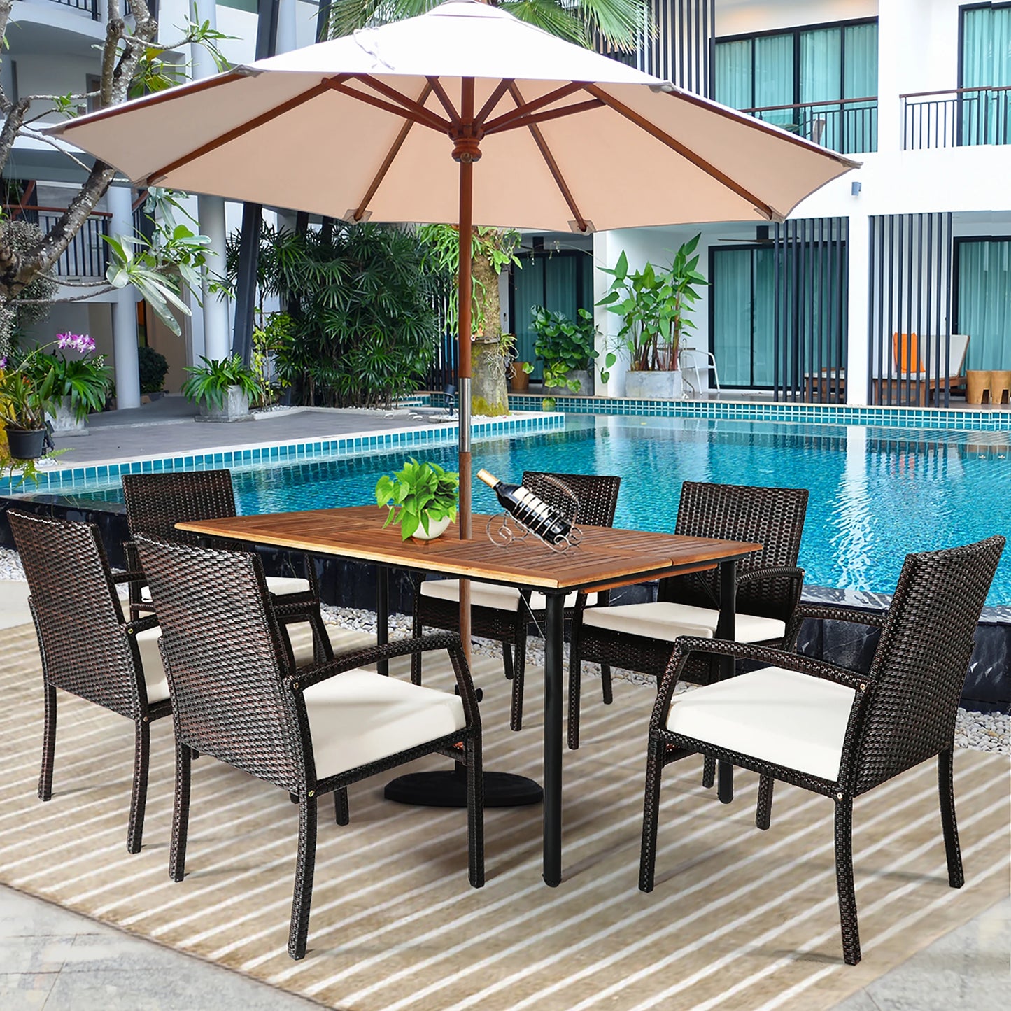 HOMASIS Patio Rattan Dining Set With Umbrella Hole