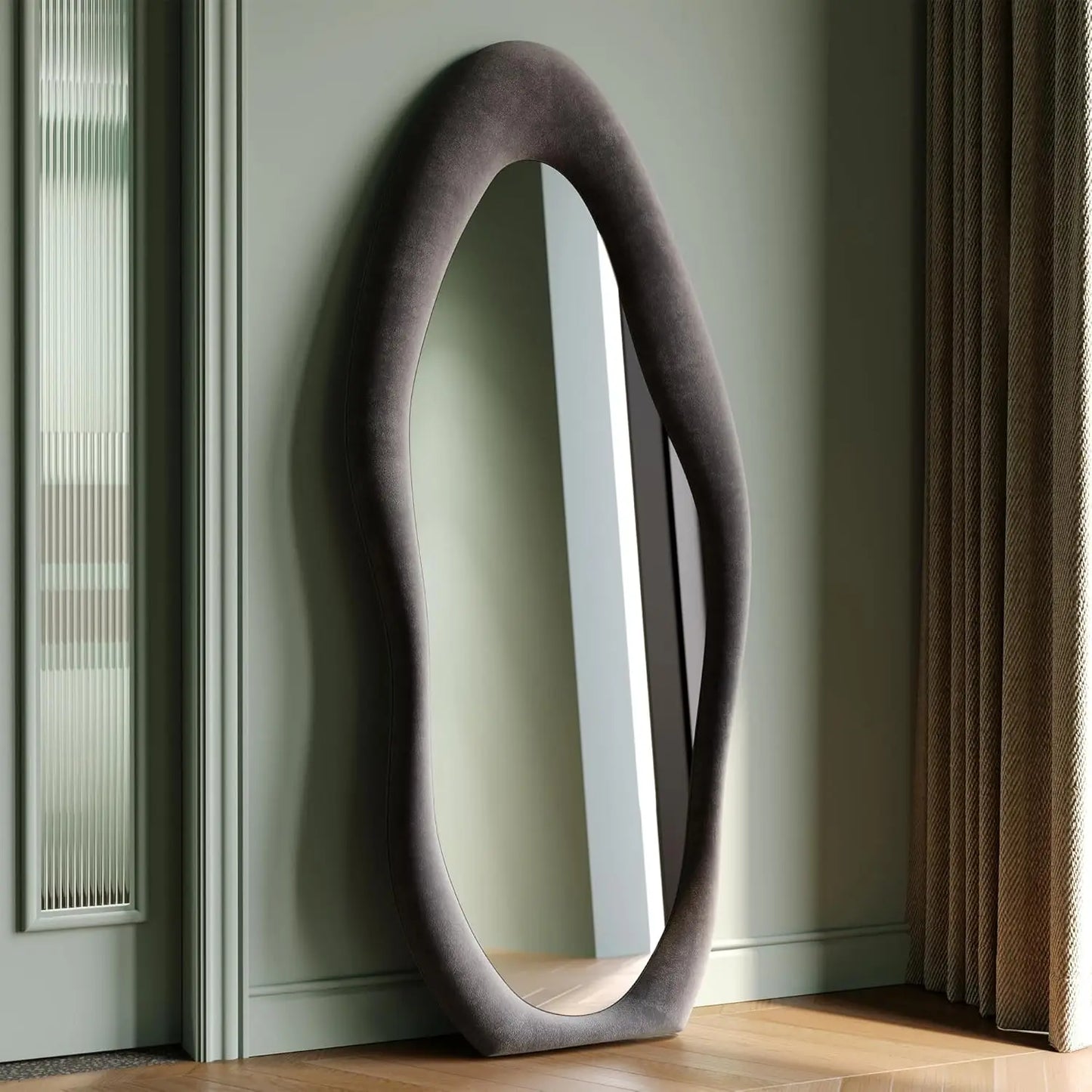 63x24 inch full-length mirror, irregular wave mirror hanging or leaning against the wall in the dressing room/bedroom