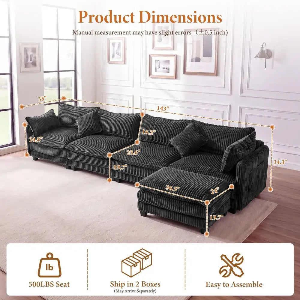 L Shaped Modular Sectional Couch Corduroy Upholstered Living Room Sofa
