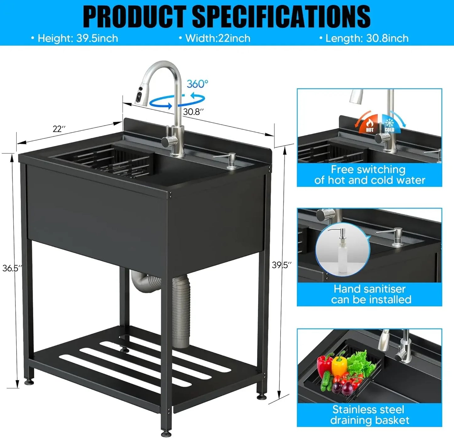 [Hot Deal, Limited Time Offer!]Stainless Steel Utility Sink, 30.8" × 22" × 39.5"Freestanding Sink with Cold and Hot Water Faucet