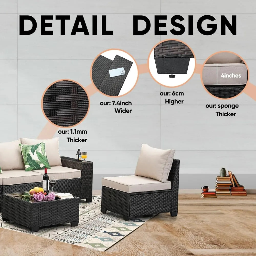 Set 5 Pieces All Weather Patio Conversation Sets Wicker PE Rattan Outdoor Sectional Couch Sofa Set with Cushion Ottoman