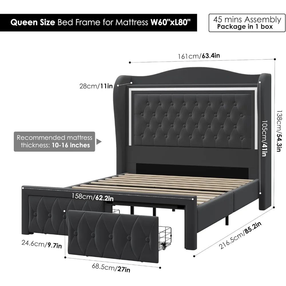 Queen Bed Frame 55" Tall Headboard with LED Lights, Buttons Tufted Velvet Upholstered Platform Bed Frame with 2 Storage Drawers,