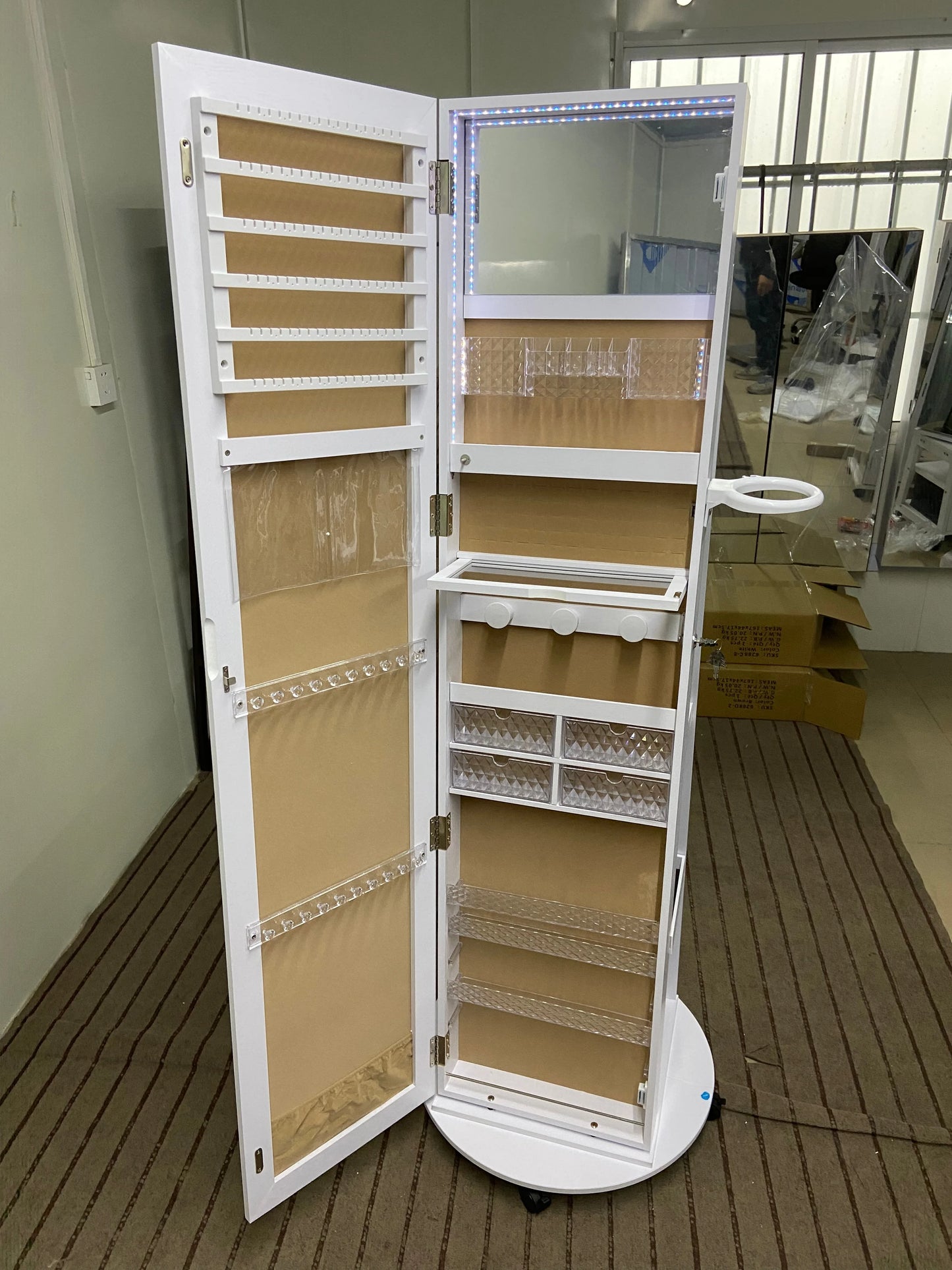 Full Length Mirror with Jewelry Storage, 360° Rotating Jewelry Armoire Organizer with Lights, Lockable Mirror Jewelry Cabinet