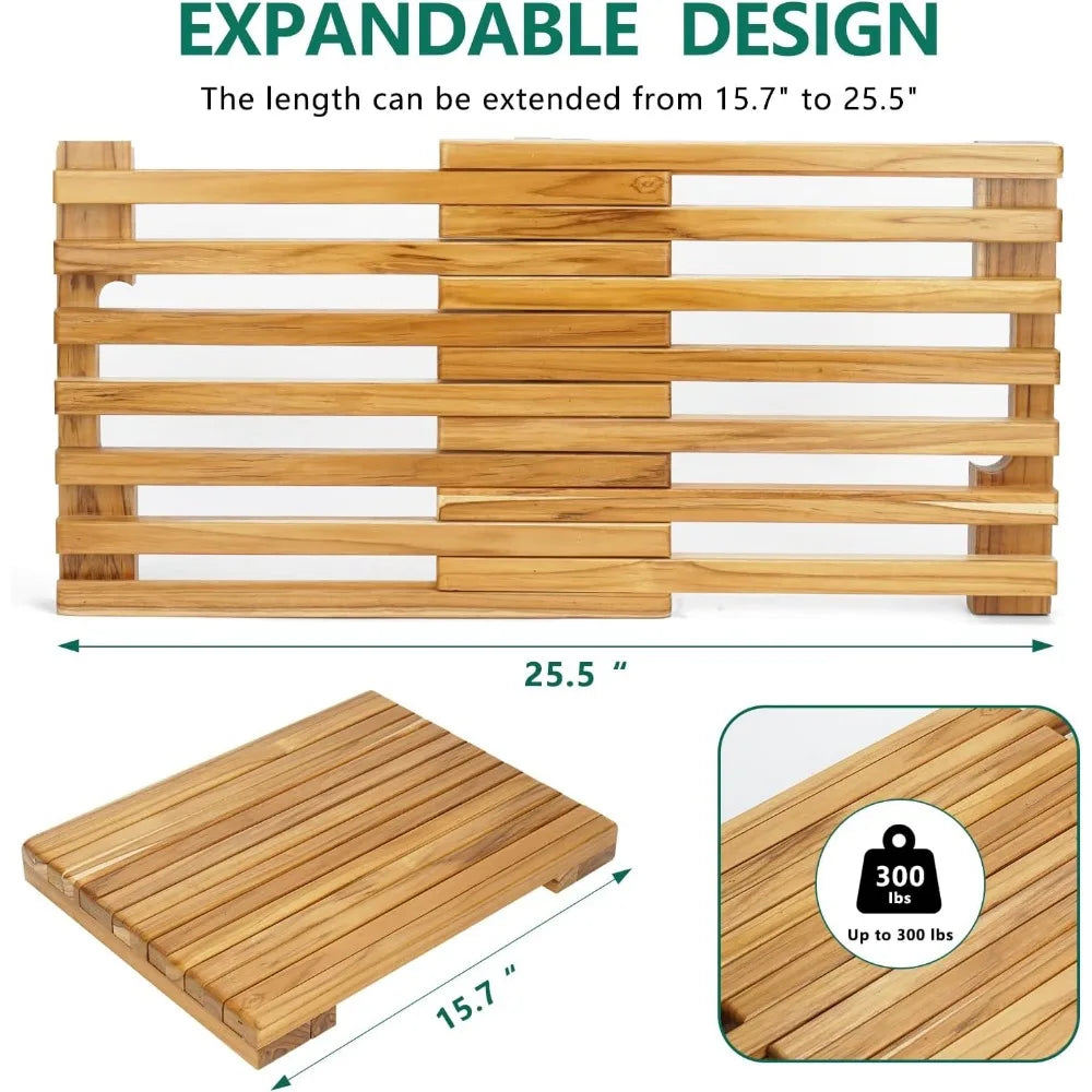 Teak Shower Mat - Adjustable Length Wooden Bathroom Mats for Inside Shower with Non-Slip Rubber Outdoor Floor Mat for Spa, Sauna