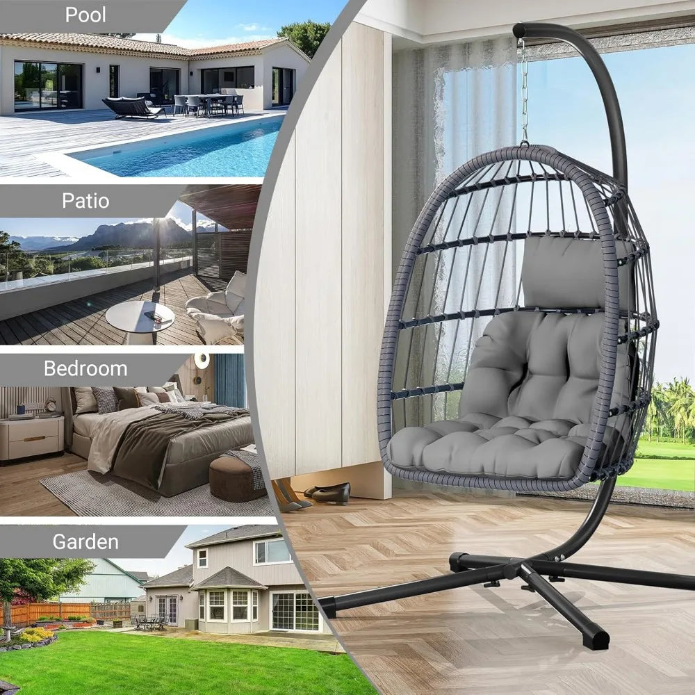 Egg Chair with Stand,Patio Rattan Wicker Hanging Swing Egg Chair Hammock Chair for Bedroom Porch Garden,Thickened Aluminum Alloy
