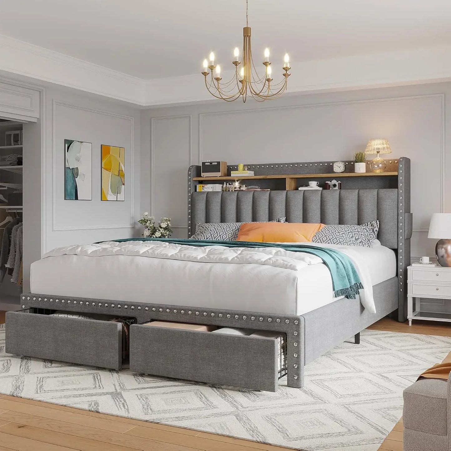 Queen Bed Frame with Headboard and Storage, Upholstered Queen Bed Frame with Storage