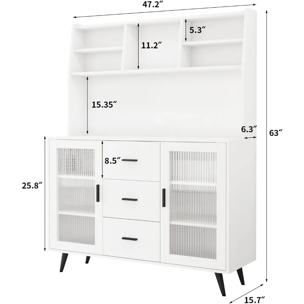 Kitchen Hutch Storage Cabinet, Modern Kitchen Pantry with Glass Doors and 3 Drawers, Freestanding Cupboard Sideboard Buffet Cab