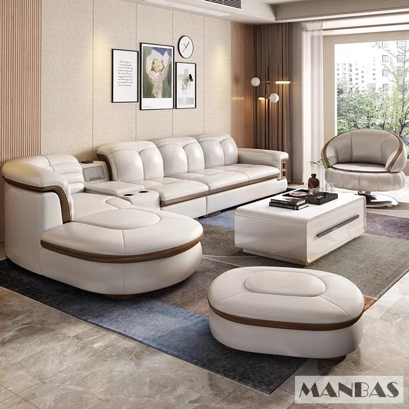 Linlamlim Luxury L Shaped Leather Sectional Sofa With USB Bluetooth