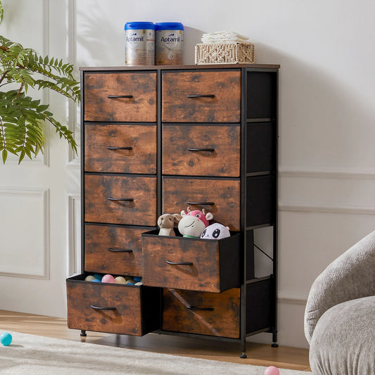 JHK Bedside Table With 10 Fabric Drawers Steel Frame Wardrobe