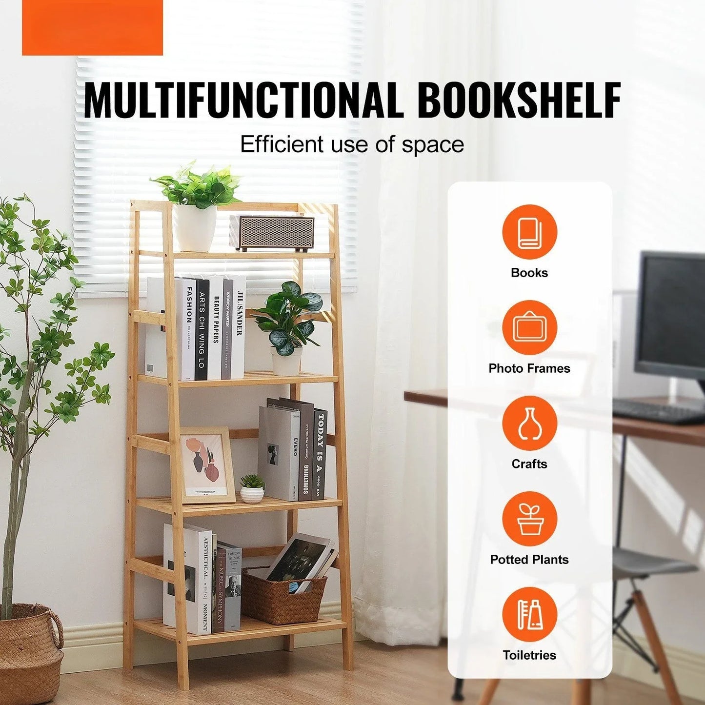 Bamboo Bookshelf 4 Tiers Bamboo Ladder Bookshelf Trapezoid Storage Rack,Bathroom Shelves