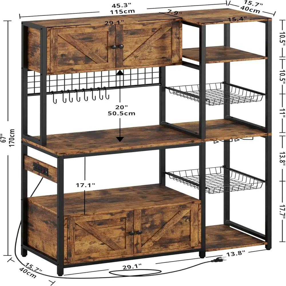 IRONCK Bakers Rack With Two Storage Cabinets And Power Outlet