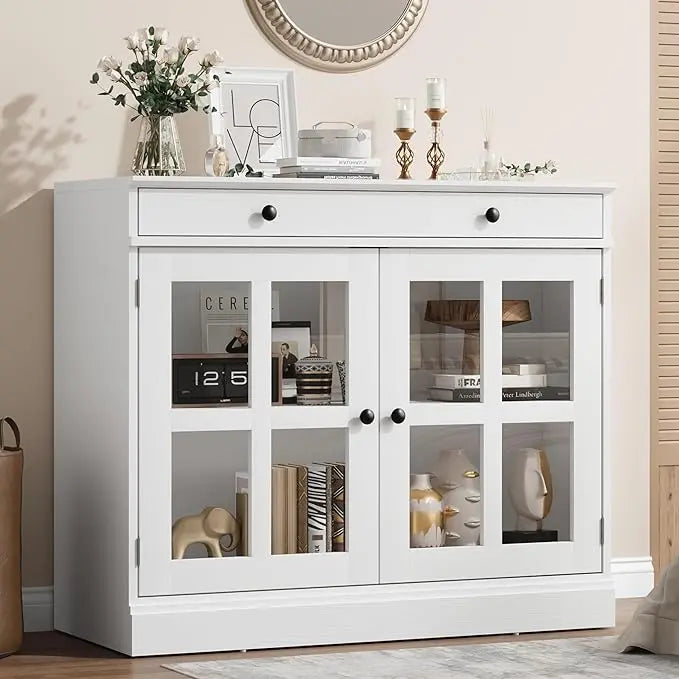 HiMISS Oak Sideboard Buffet Cabinet With Glass Door And Drawer