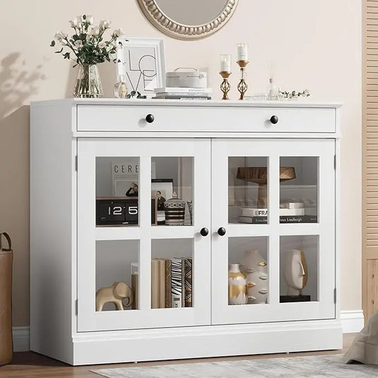 HiMISS Oak Sideboard Buffet Cabinet With Glass Door And Drawer