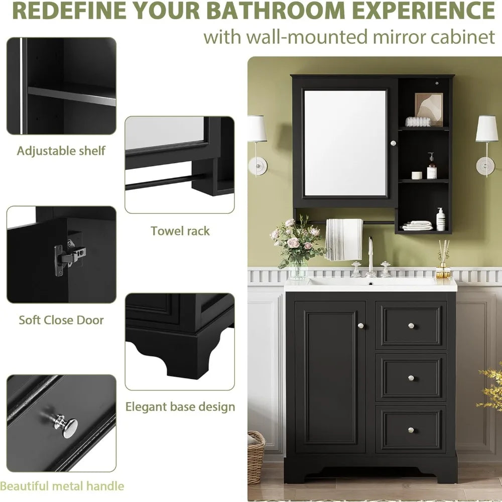 30-inch Bathroom Vanity with Sink, Modern Elegant Bathroom Storage Cabinet with 3 Drawers and Adjustable Shelves, freestanding V