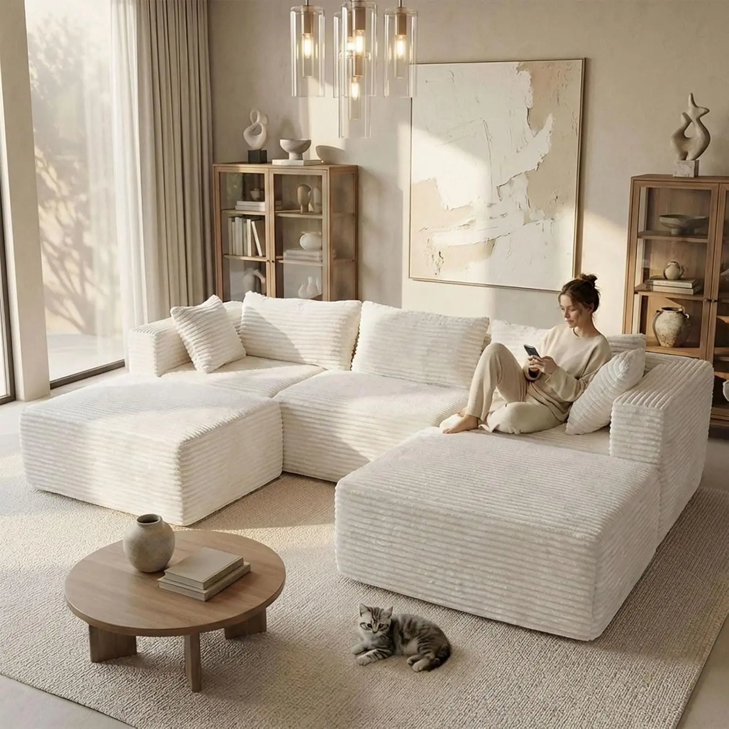 Modular Sectional Sofa With Ottomans Corduroy Upholstery