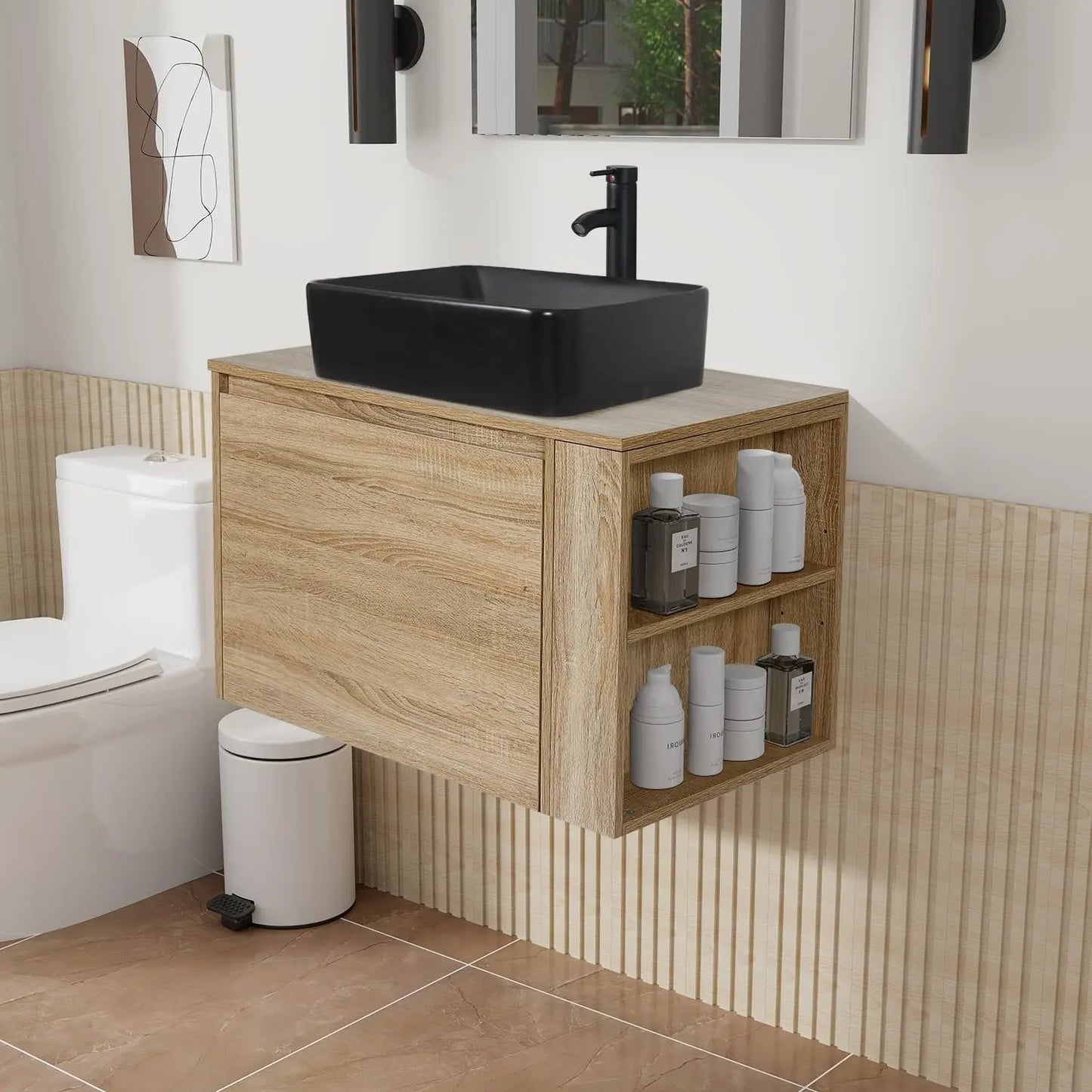 30-inch Natural Color Wall Mounted Bathroom Vanity with Hidden Drawer and Gold Boat Vessel Sink Top