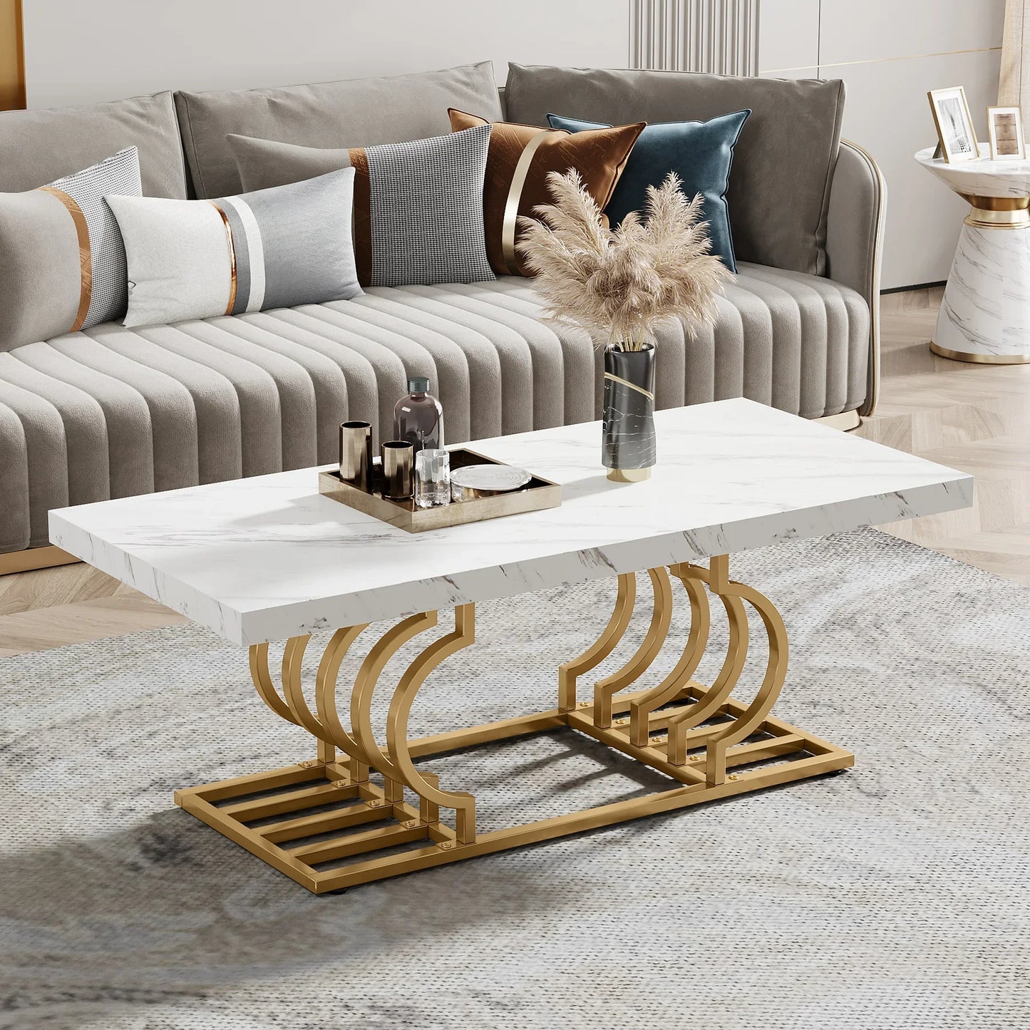 Tribesigns Faux Marble Coffee Table With Geometric Frame