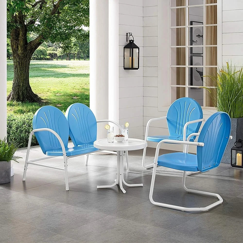 4 Piece Retro Metal Outdoor Loveseat Patio Furniture Set Sky Blue Durable Steel Vintage Chairs Side Table Garden Deck Porch