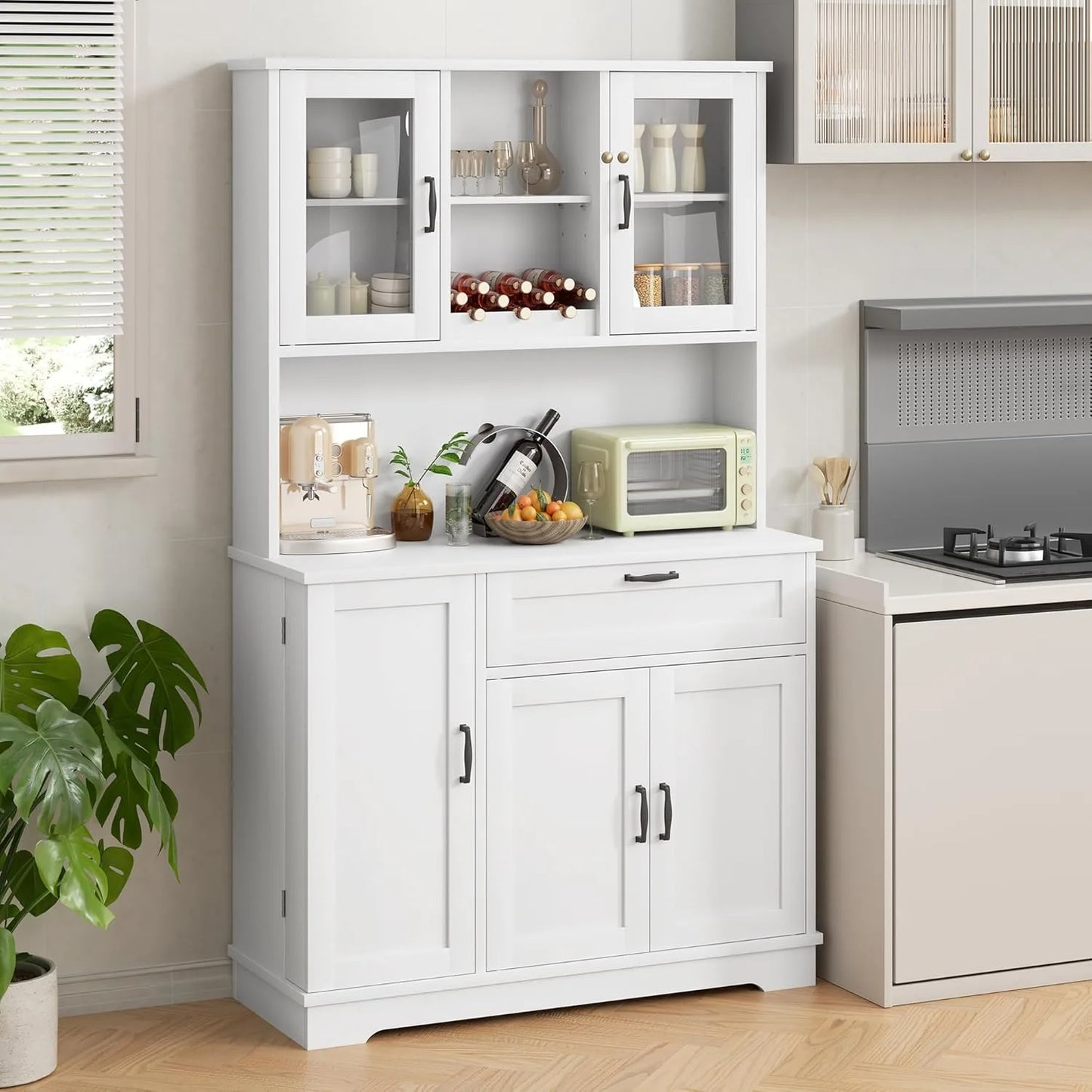 Pantry Storage Cabinet, standing Buffet Cabinet  Microwave Stand & 4 Door She,  Hutch