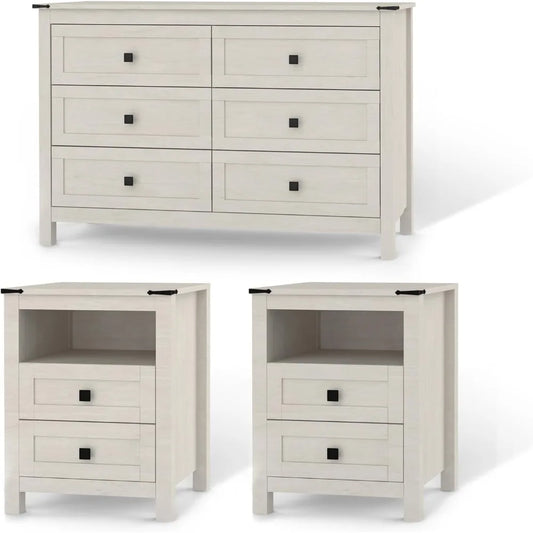 RBXC Farmhouse Bedroom Set Three Piece With Dresser And Nightstands