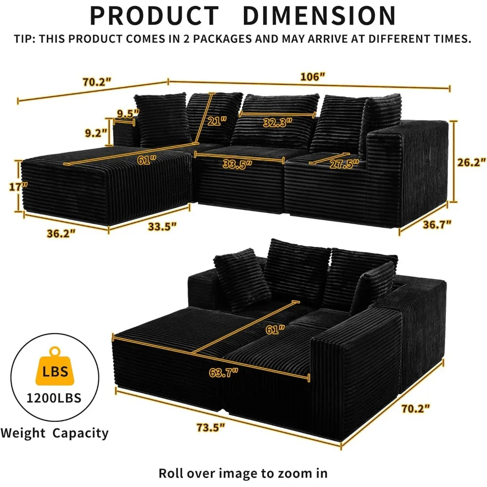 106" Black Cloud Sofa with L-Shaped Chaise Longue, Modern Modular couches with Deep Seats, Fluffy couches for Living Room