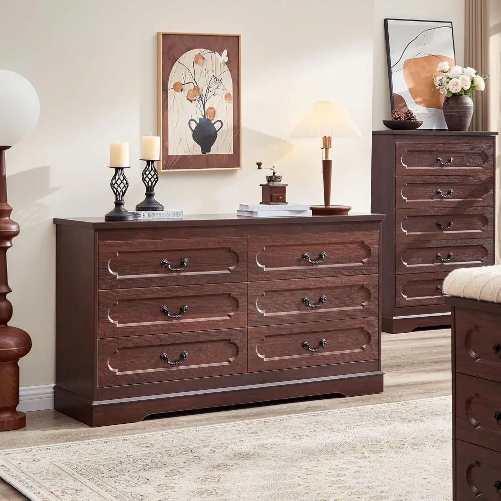 6 Drawer Dresser for Bedroom Farmhouse Cherry Tall Wood Chest of Drawers for Bedroom Dresser, Modern Rustic 55 Wide Drawer