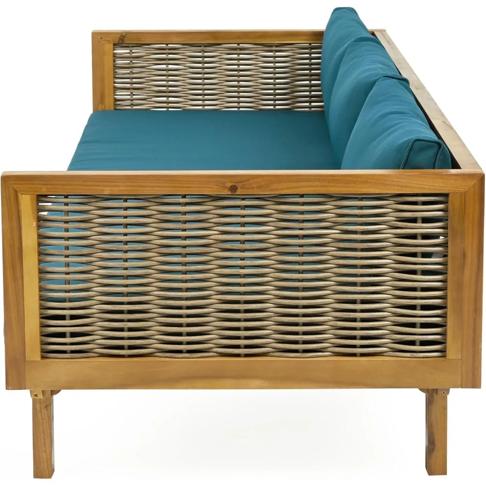 Rattan Arms Outdoor 3 Seat Sofa Patio Furniture Set with Cushions Wood Frame Outdoor Couch for Garden Poolside