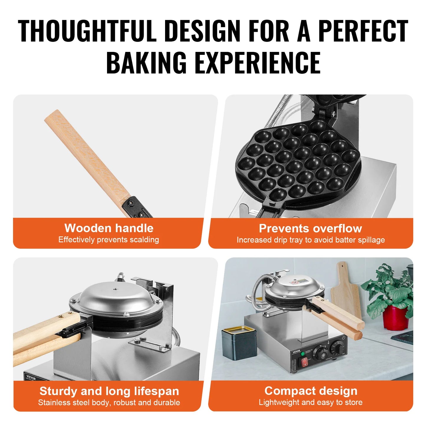 VEVOR Bubble Waffle Maker Commercial 180 Rotatable Nonstick 2 Pans