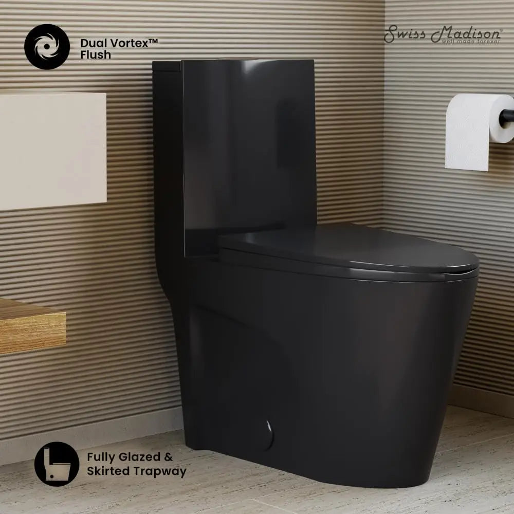 Tropez SM-1T254GB One Piece Elongated Toilet with Comfort Chair Seat ADA Height Vortex™ Flush in Glossy Black 1.1/1.6 gpf