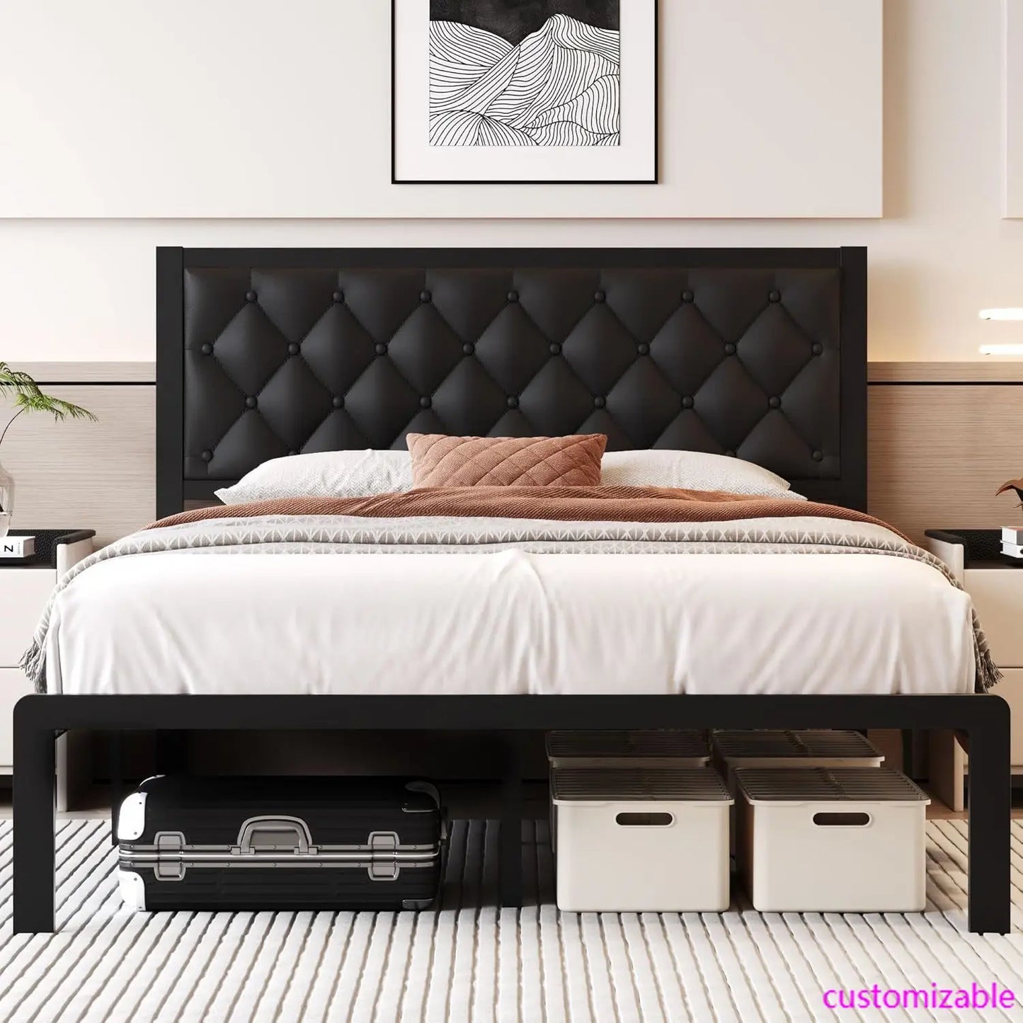XMSJ PU Leather Upholstered Bed Frame With Headboard