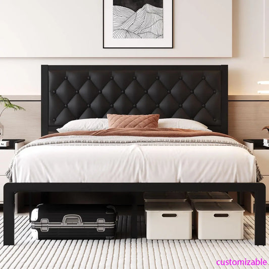 XMSJ PU Leather Upholstered Bed Frame With Headboard