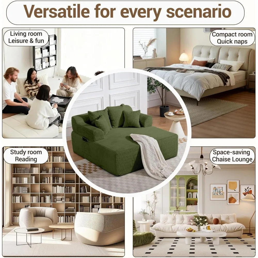 L Shaped Chaise Lounge Sofa Bed With Armrests And Pillows