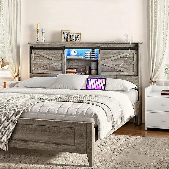 HOOBRO Queen Headboard with Storage Shelf, Farmhouse Queen Headboard Only with Charging Station & LED Lights, Bookcase Headboard