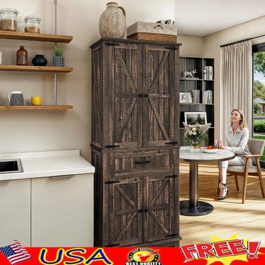 Kitchen Pantry Cabinet with Adjustable Shelves Storage Drawer Freestanding Organization Anti-Tipping Durable MDF For Kitchen