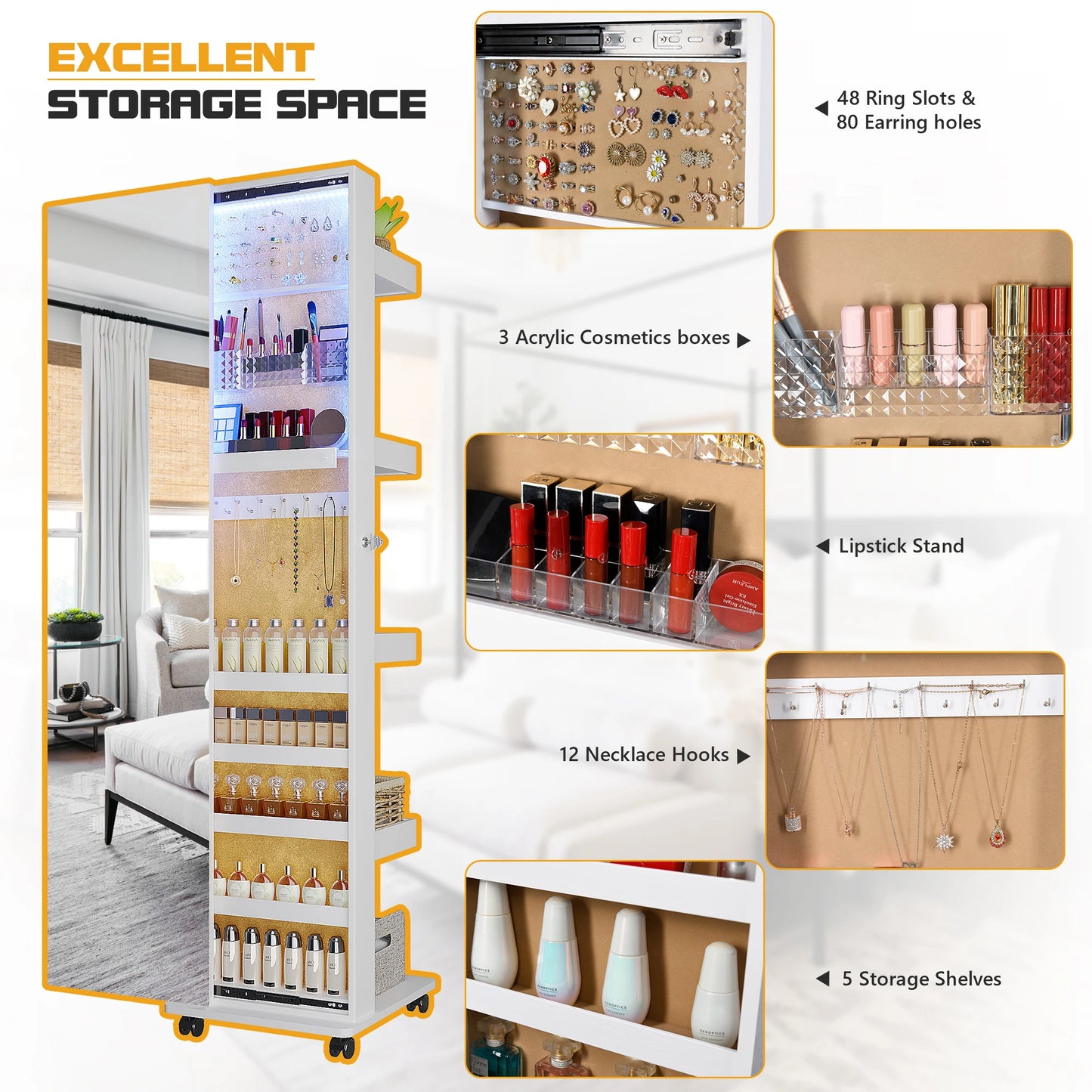 360 Degree Rotating LED Jewelry Armoire With Full Length Mirror Capacity Floor Standing Organizer In 3 Color Dimmable