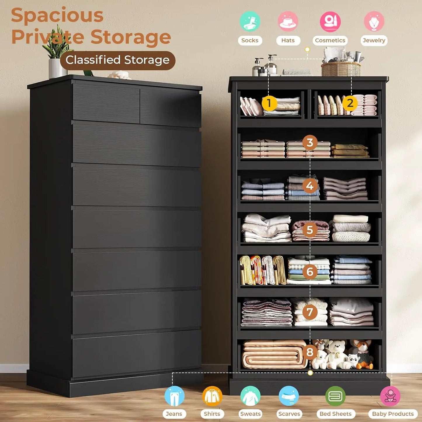 Black Tall Dresser for Bedroom with 8 Drawers, 59.6" Tall Dressers & Chests of Drawers, Modern Wood Closet Organizer