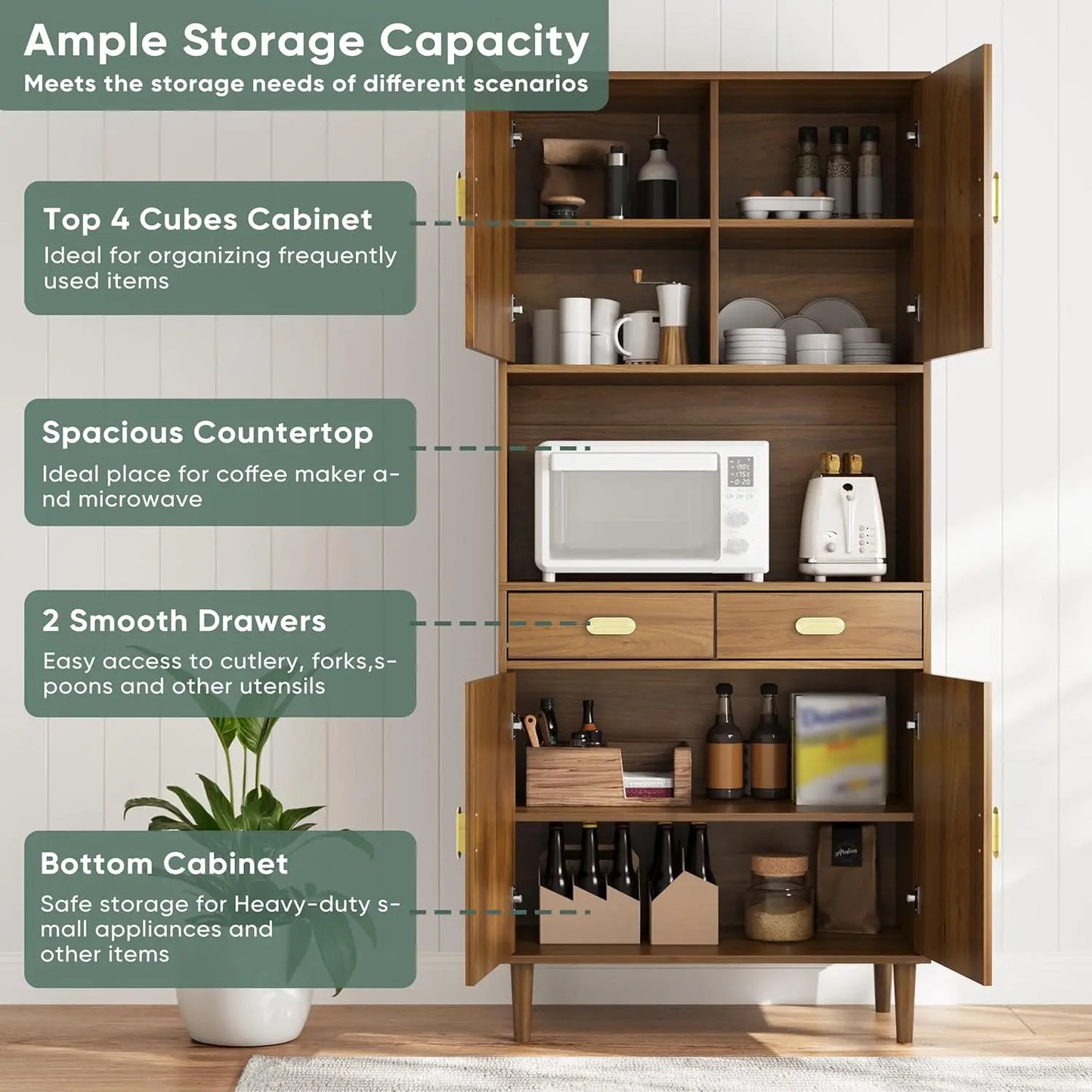 Chengwei Tall Kitchen Pantry Cabinet With Grooved Doors And Drawers