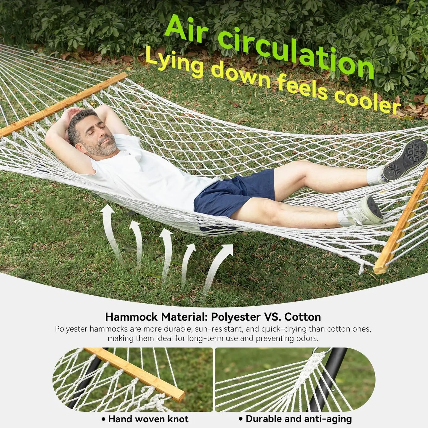 Double Hammock for Two Handwoven Rope with Spreader Bar