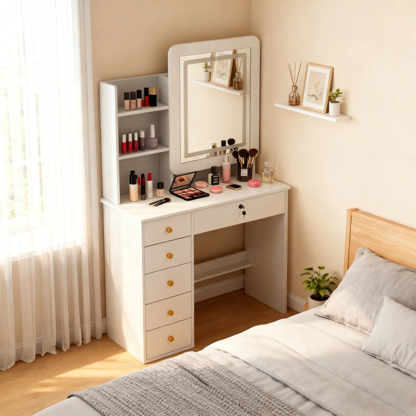 Simple Modern Makeup Vanity With LED Mirror And Storage Shelves