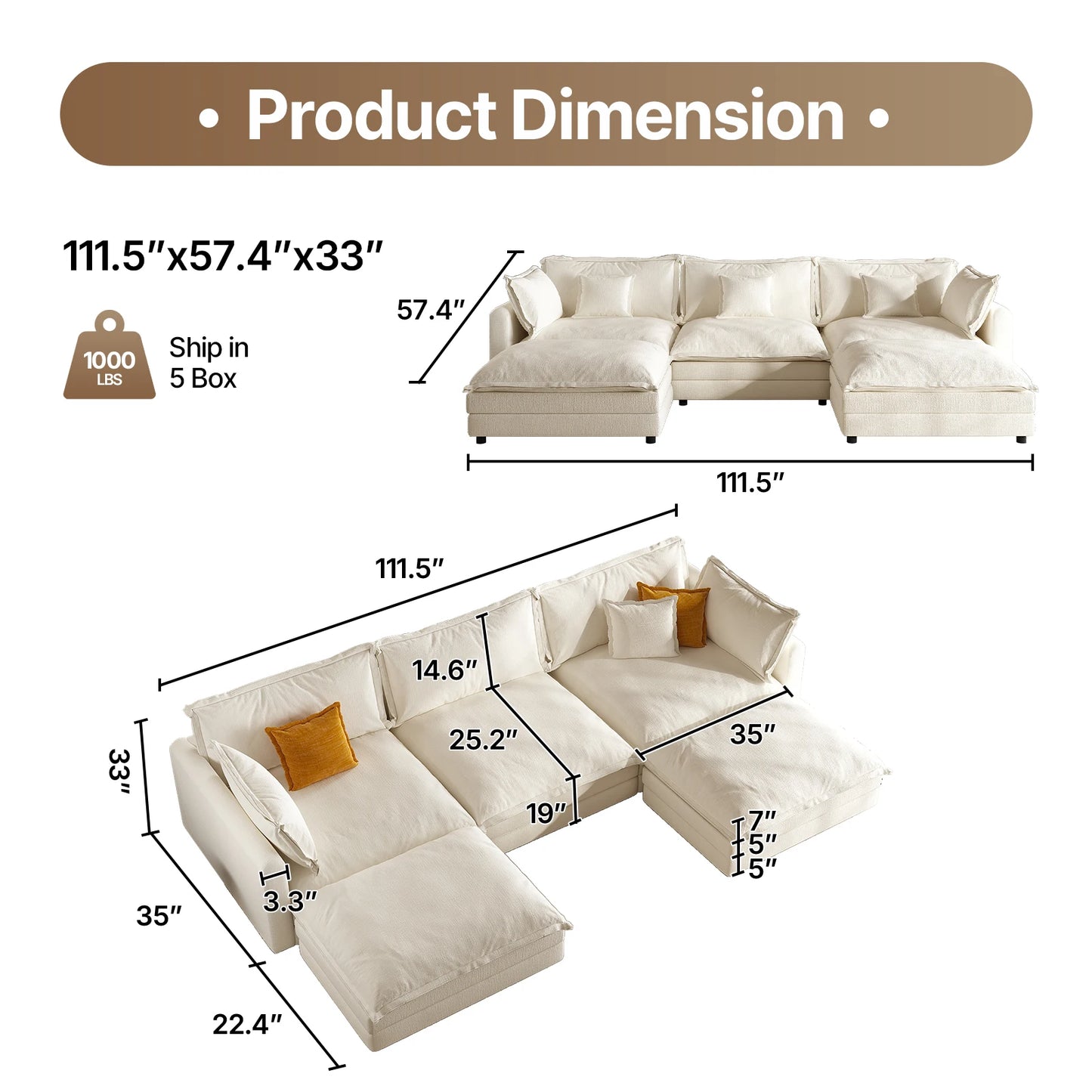 QWCCN L Shaped Modern Chenille Sofa Sectional With Ottoman